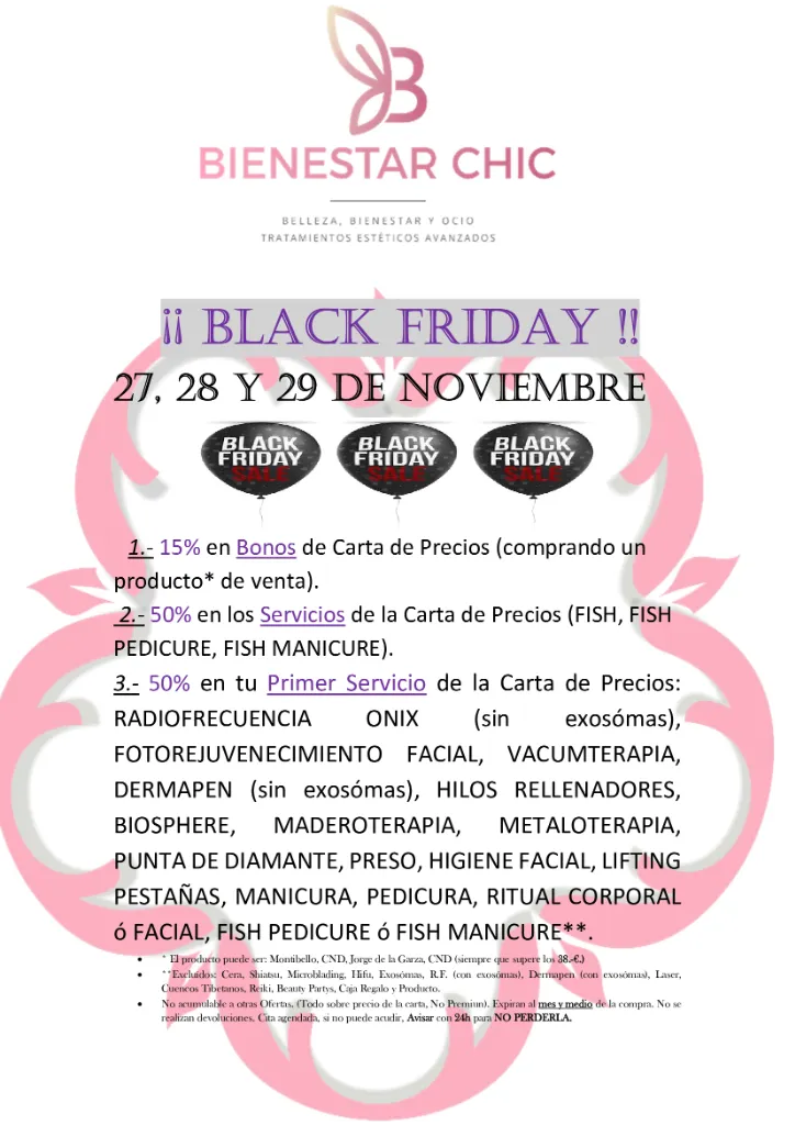 Cartel promocional oficial Black Friday 27, 28 y 29 de Noviembre en Centro de Estética Bienestar Chic Madrid